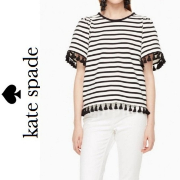 Kate Spade Broome Street Stripe Flutter Sleeve Tassel Top, Black & White, Size S - Picture 1 of 8